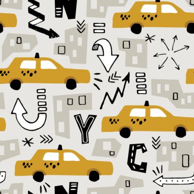 vector seamless New York background pattern with color cut out paper abstract houses and hand drawn taxi yellow cab for  fabric design, wrapping paper, notebooks covers.textile