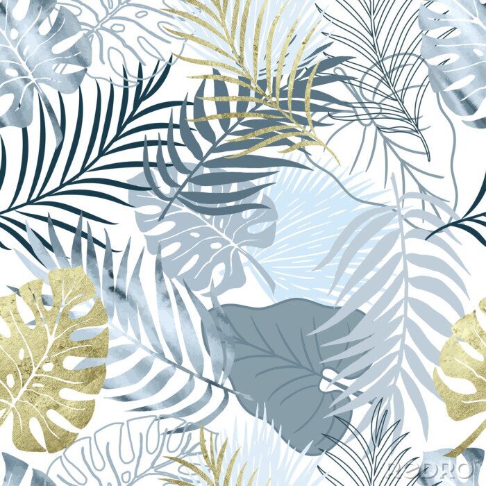 Behang Vector seamless pattern blue watercolor and gold texture palm exotics and monstera leaves. Vector modern illustration. Colored endless background.