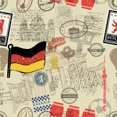 Behang Vector seamless pattern consisting of Germany symbols or icons. Stamps and travel icons collection. Germany symbols on fabric background. 
