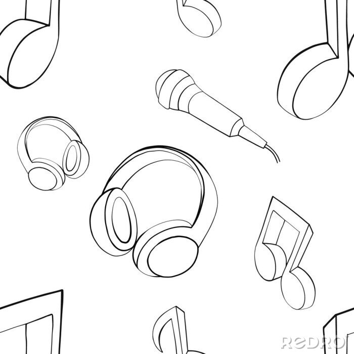 Behang Vector seamless pattern graphic illustration of headphones, music notes, microphone Sketch drawing, doodle style. abstract black and white silhouette Print for fabric, wallpaper, packaging, background