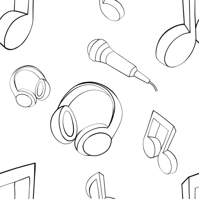 Behang Vector seamless pattern graphic illustration of headphones, music notes, microphone Sketch drawing, doodle style. abstract black and white silhouette Print for fabric, wallpaper, packaging, background