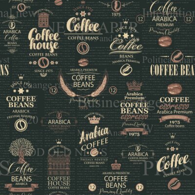 Behang Vector seamless pattern in retro style on the theme of coffee house and coffee with various coffee labels on the black background of old magazine page. Suitable for wallpaper, fabric, wrapping paper
