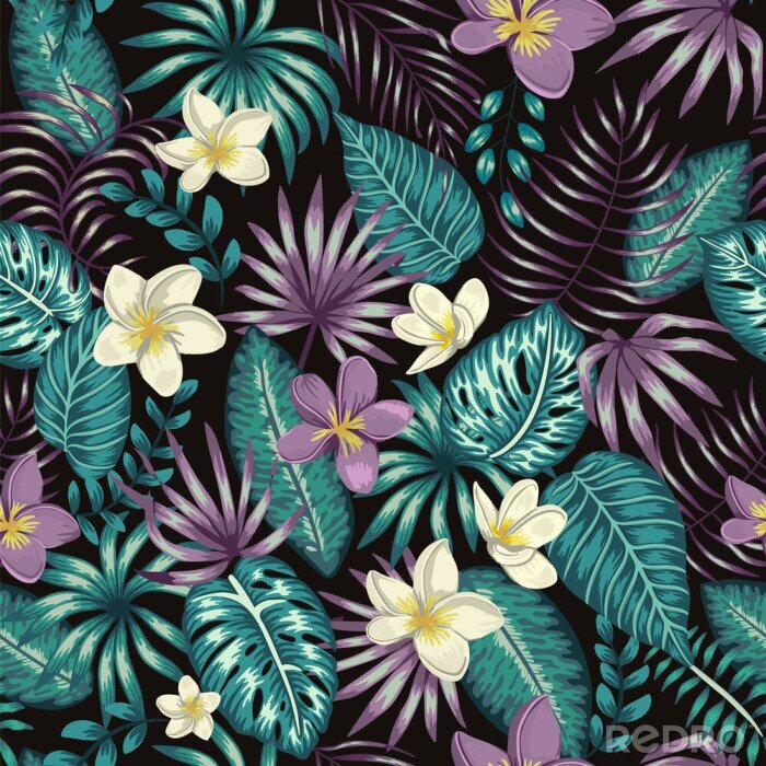 Behang Vector seamless pattern of emerald green tropical leaves with white and purple plumeria flowers on black background. Summer or spring repeat tropical backdrop. Exotic jungle ornament..