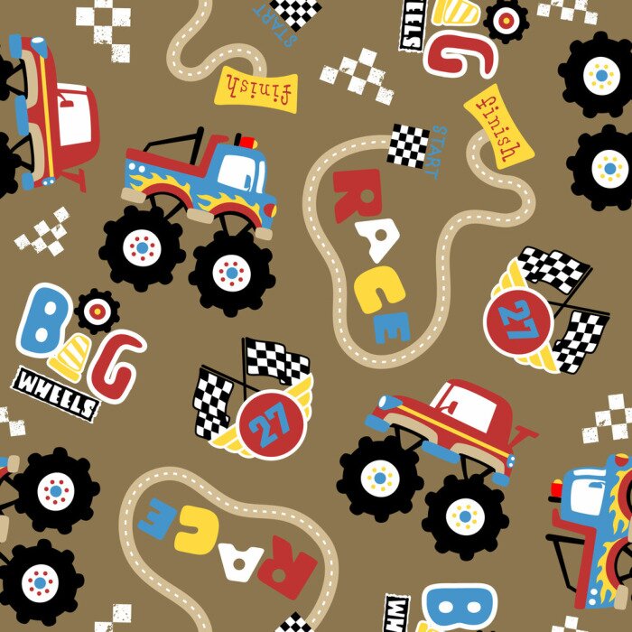 Behang vector seamless pattern of monster truck race cartoon
