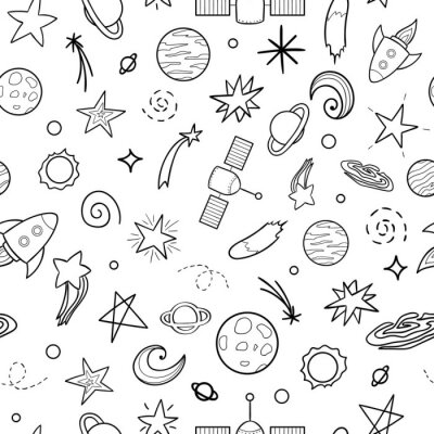 Behang Vector seamless pattern of space objects. Black and white repeat background with planet,   star,   spaceship,   satellite,   moon,   sun,   asteroid. Coloring page for kids
