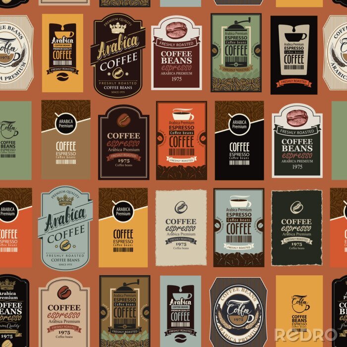 Behang Vector seamless pattern on coffee and coffee house theme with various labels in retro style. Can be used as wallpaper or wrapping paper