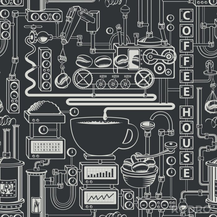 Behang Vector seamless pattern on coffee theme with a cup of freshly brewed coffee, plant with conveyor coffee production in retro style and with words Coffee house.