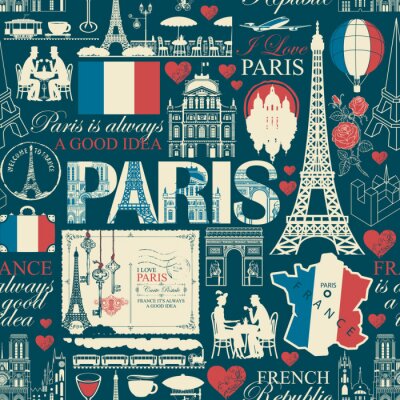 Behang Vector seamless pattern on France and Paris theme with drawings, inscriptions, architectural landmarks, map and flag of French republic in retro style. Can be used as wallpaper, wrapping paper, fabric