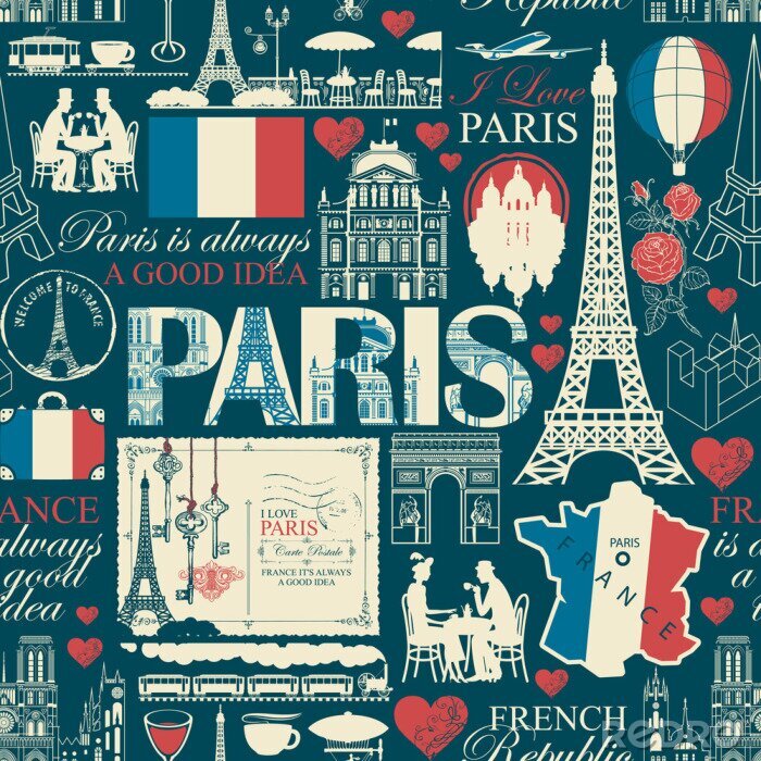 Behang Vector seamless pattern on France and Paris theme with drawings, inscriptions, architectural landmarks, map and flag of French republic in retro style. Can be used as wallpaper, wrapping paper, fabric