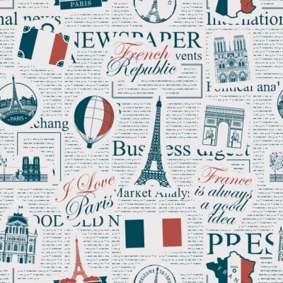 Behang Vector seamless pattern on France and Paris theme with inscriptions, architectural landmarks and flag of French Republic in retro style on the newspaper background. Wallpaper, wrapping paper, fabric