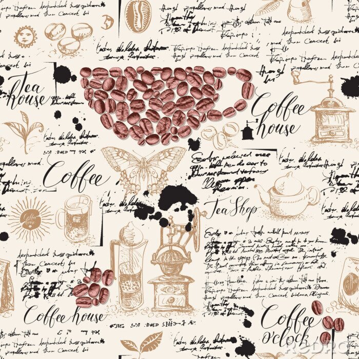 Behang Vector seamless pattern on tea and coffee theme in retro style. Various coffee and tea sketches, blots and inscriptions on a background of old manuscript. Can be used as wallpaper or wrapping paper