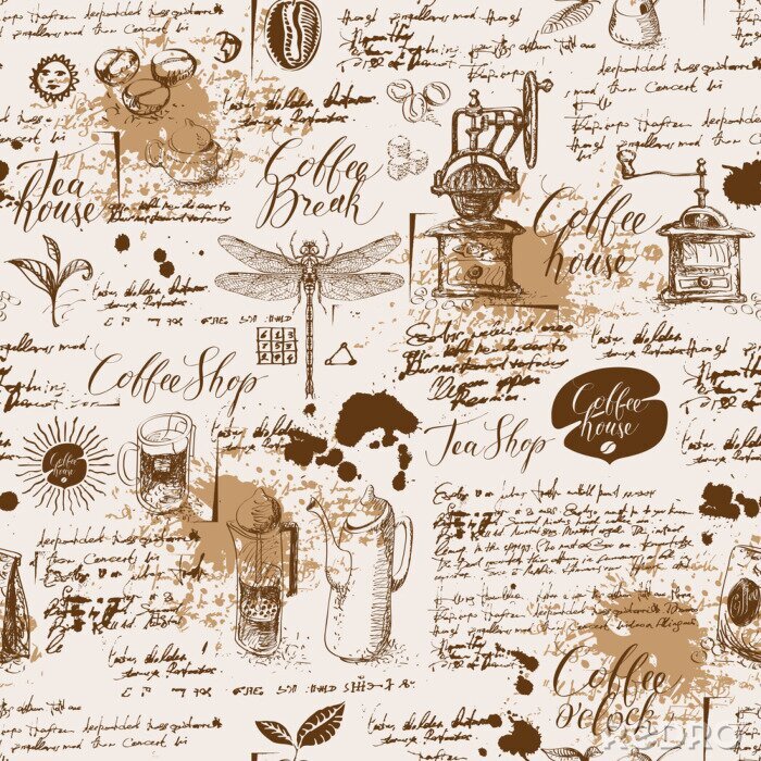 Behang Vector seamless pattern on tea and coffee theme in retro style. Various coffee symbols, dragonfly, blots and inscriptions on a background of old manuscript. Can be used as wallpaper or wrapping paper
