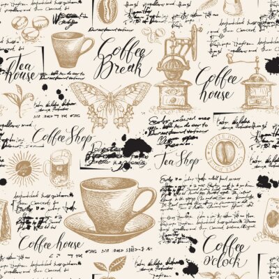 Behang Vector seamless pattern on tea and coffee theme with sketches, blots and unreadable inscriptions in retro style. Suitable for Wallpaper, wrapping paper, background, fabric or textile