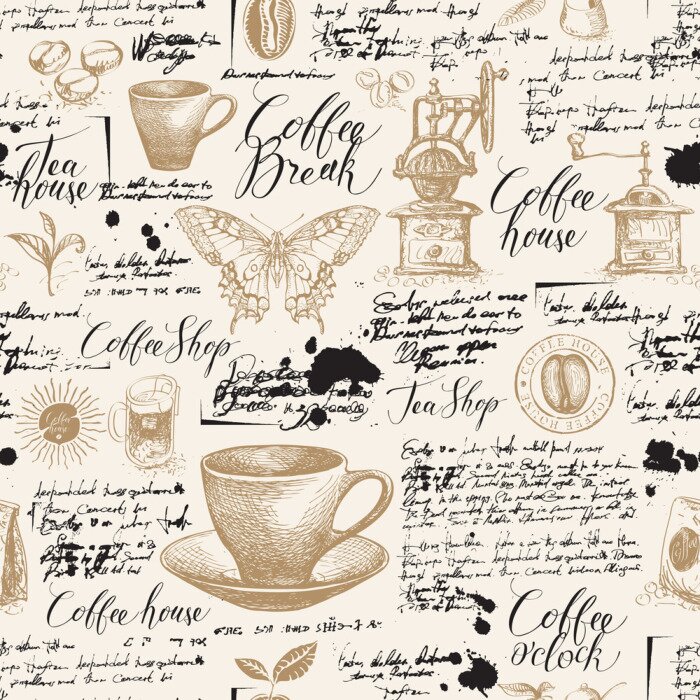 Behang Vector seamless pattern on tea and coffee theme with sketches, blots and unreadable inscriptions in retro style. Suitable for Wallpaper, wrapping paper, background, fabric or textile