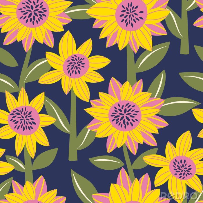 Behang Vector seamless pattern with abstract sunflowers in trendy colors