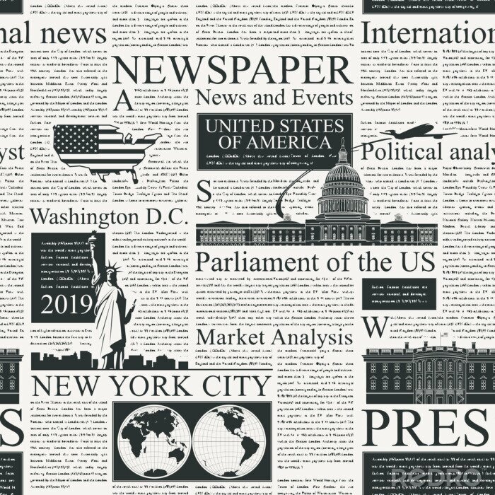 Behang Vector seamless pattern with american newspapers columns. Text on newspaper page is unreadable. US newspaper with black text, repeating newspaper vector background with headlines and illustrations.