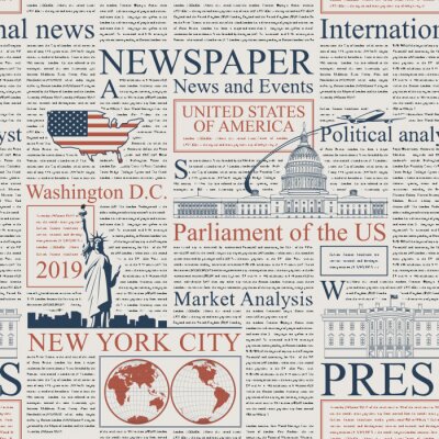 Behang Vector seamless pattern with american newspapers columns. Text on newspaper page is unreadable. US newspaper with blue and red text, repeating newspaper background with headlines and illustrations.