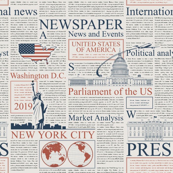 Behang Vector seamless pattern with american newspapers columns. Text on newspaper page is unreadable. US newspaper with blue and red text, repeating newspaper background with headlines and illustrations.