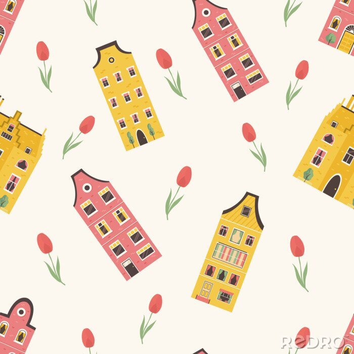 Behang Vector Seamless pattern with bright dutch building