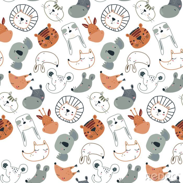 Behang Vector seamless pattern with cute animal faces in simple scandinavian style.