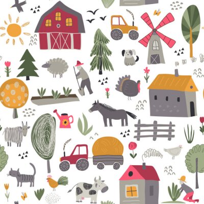 Behang Vector seamless pattern with cute hand drawn farm animals, trees, houses, tractor, mill.