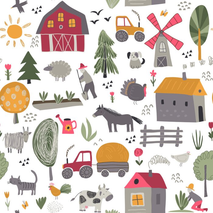 Behang Vector seamless pattern with cute hand drawn farm animals, trees, houses, tractor, mill.