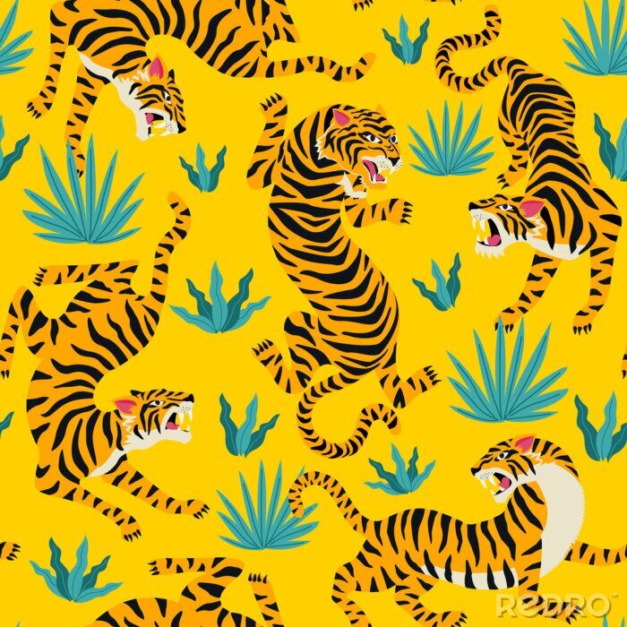 Behang Vector seamless pattern with cute tigers on background. Circus animal show. Fashionable fabric design.