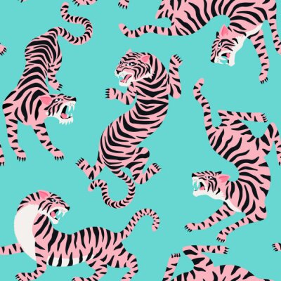 Behang Vector seamless pattern with cute tigers on background. Circus animal show. Fashionable fabric design.