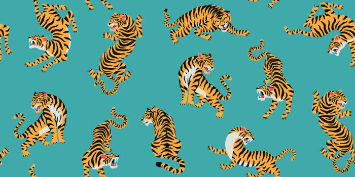 Behang Vector seamless pattern with cute tigers on background. Fashionable fabric design.