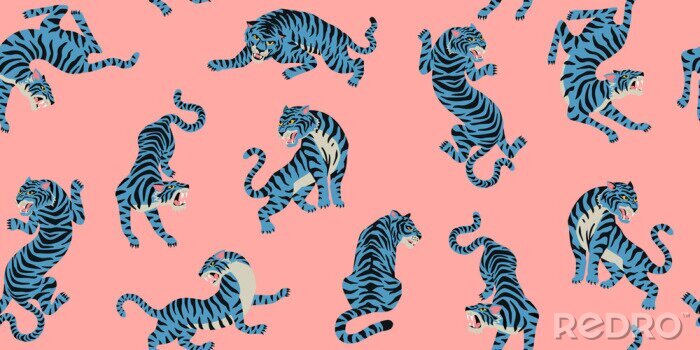 Behang Vector seamless pattern with cute tigers on the pink background. Fashionable fabric design.