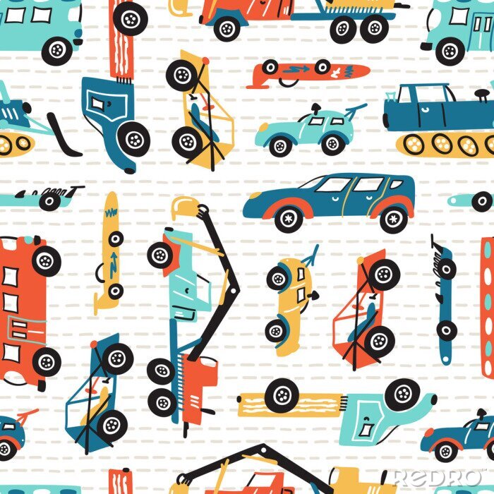 Behang Vector Seamless Pattern with Doodle Toy Racing Cars, Heavy Construction Trucks. Cartoon Transportation Background for Kids. 