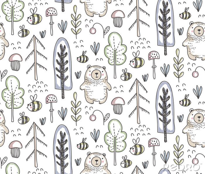 Behang Vector seamless pattern with hand drawn bear in the forest