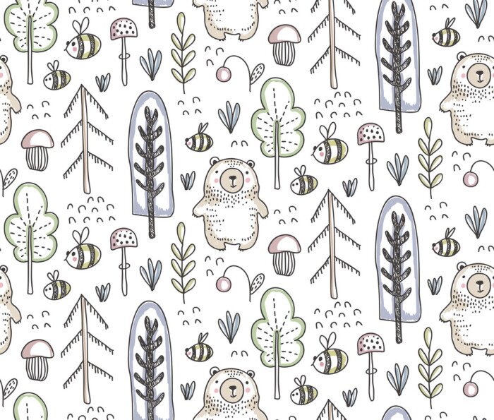 Behang Vector seamless pattern with hand drawn bear in the forest