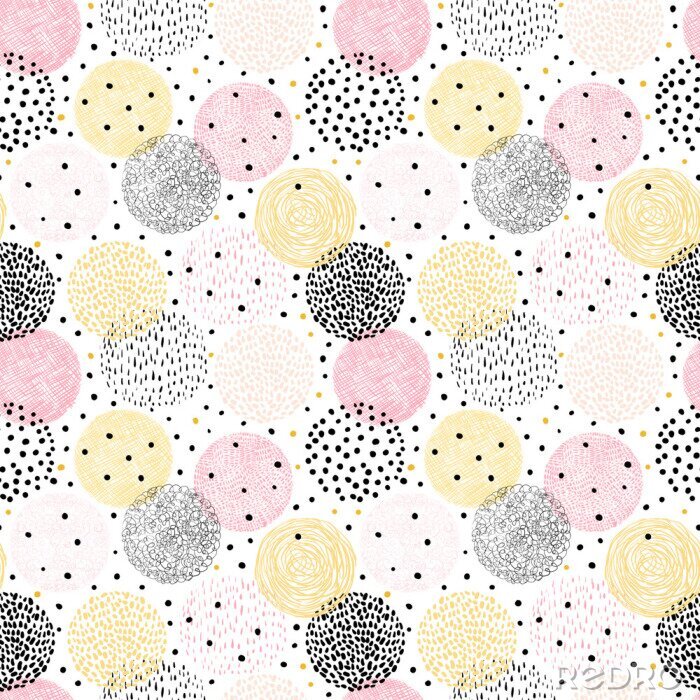 Behang Vector seamless pattern with hand drawn geometric shapes - circles for gift wrapping and backgrounds