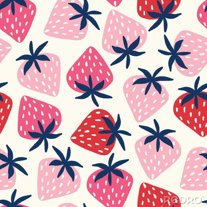 Behang Vector seamless pattern with hand-drawn strawberries in pink and red on an off white background