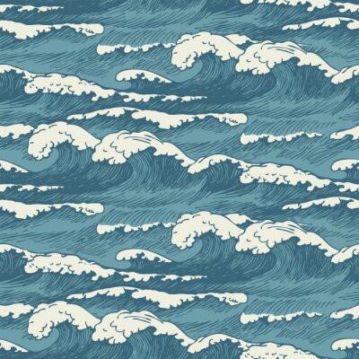 Behang Vector seamless pattern with hand-drawn waves in retro style. Decorative repeating illustration of the sea or ocean, blue storm waves with breakers of seafoam