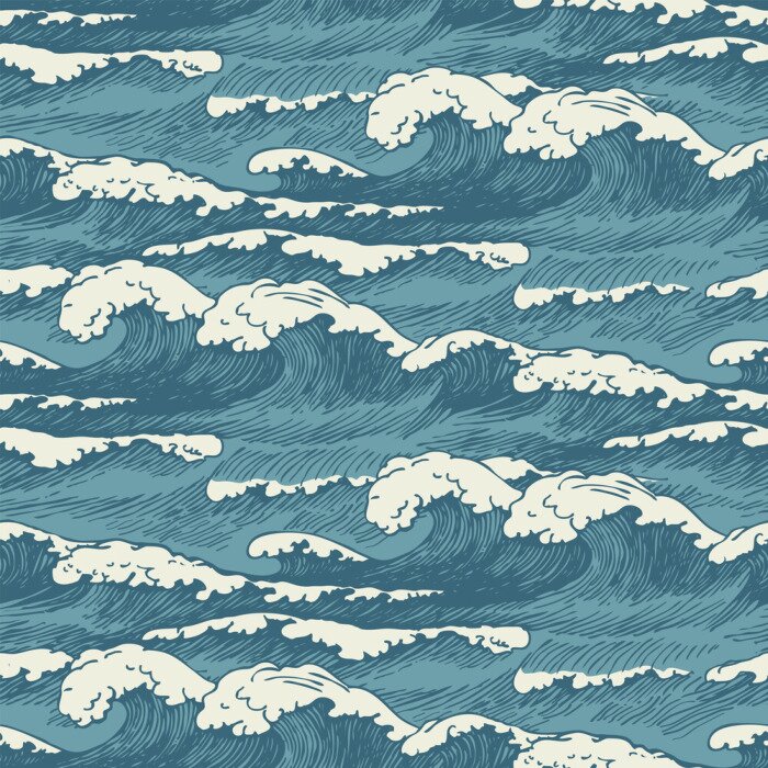 Behang Vector seamless pattern with hand-drawn waves in retro style. Decorative repeating illustration of the sea or ocean, blue storm waves with breakers of seafoam