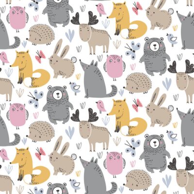 Behang Vector seamless pattern with hand drawn wild forest animals,