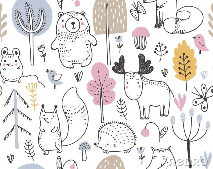 Behang Vector seamless pattern with hand drawn wild forest animals,