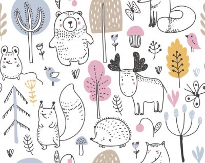Behang Vector seamless pattern with hand drawn wild forest animals,
