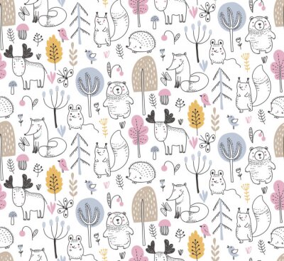 Behang Vector seamless pattern with hand drawn wild forest animals,