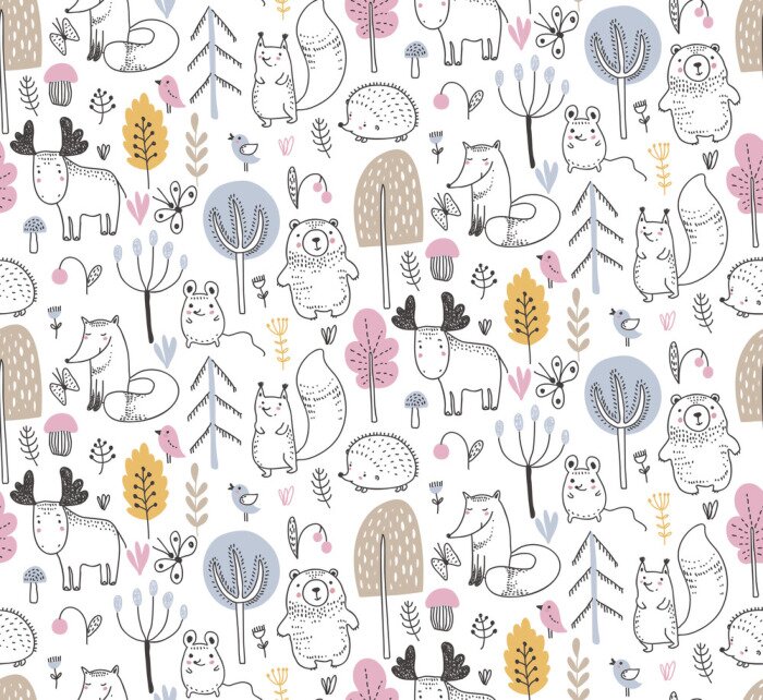 Behang Vector seamless pattern with hand drawn wild forest animals,