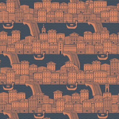 Behang Vector seamless pattern with old hand drawn houses along the canals with bridges and gondolas. Cityscape background in retro style, can be used as wallpaper, wrapping paper, textile, fabric