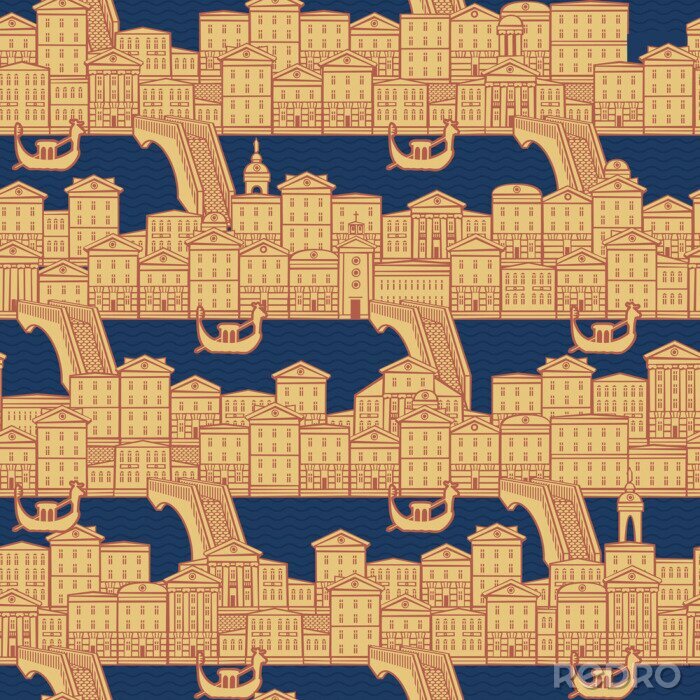 Behang Vector seamless pattern with old hand drawn houses along the canals with bridges and gondolas. Cityscape background in retro style, can be used as wallpaper, wrapping paper, textile, fabric