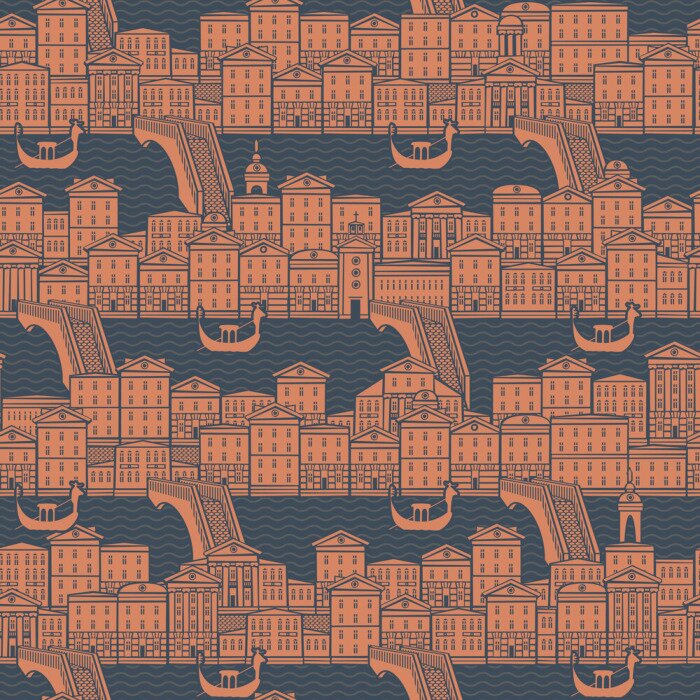 Behang Vector seamless pattern with old hand drawn houses along the canals with bridges and gondolas. Cityscape background in retro style, can be used as wallpaper, wrapping paper, textile, fabric