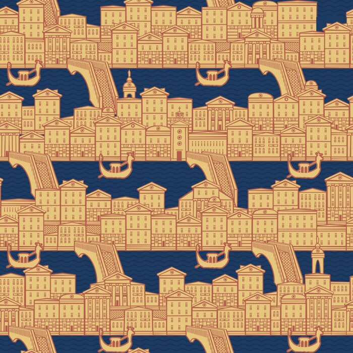 Behang Vector seamless pattern with old hand drawn houses along the canals with bridges and gondolas. Cityscape background in retro style, can be used as wallpaper, wrapping paper, textile, fabric