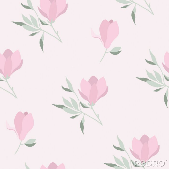 Behang Vector seamless pattern with pink magnolias and green branches