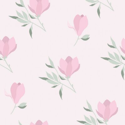 Behang Vector seamless pattern with pink magnolias and green branches