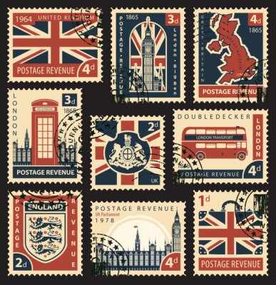 Behang Vector set postzegels met Britse vlag, Verenigd Koninkrijk kaart, Verenigd Koninkrijk, Londen Big Ben, wapenschilden van Engeland en Groot-Brittannië en andere Britse symbolen