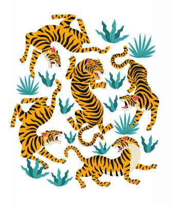 Vector set van tijgers en tropische bladeren. Trendy illustratie.